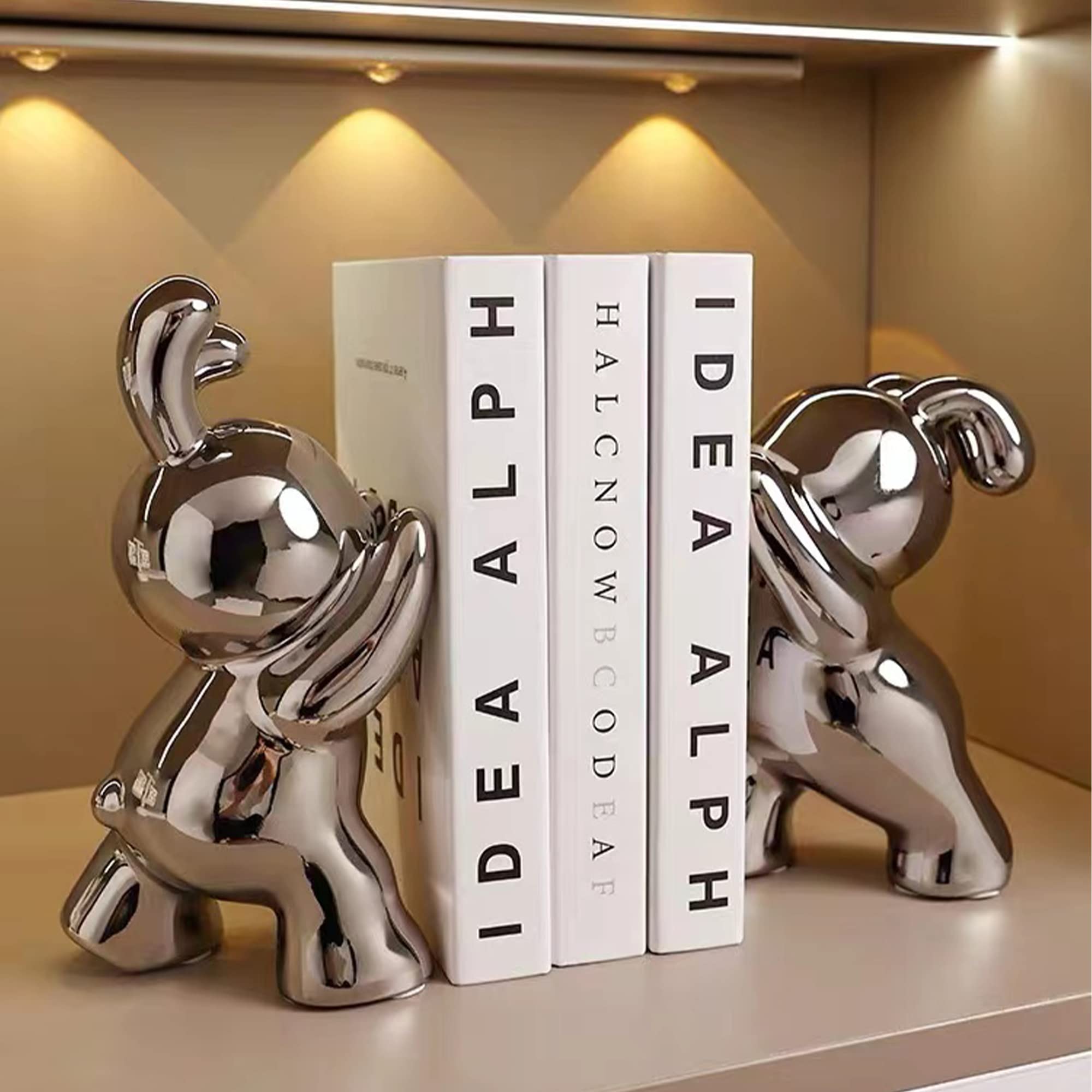 2 Pcs Silver-Plated Ceramic Bunny Bookends - Heavy Duty Animal Figurine Shelf Organizer for Books, Movies, CDs & Video Games - Cute Rabbit Home Decor for Nursery, Kids Room & Office Desks