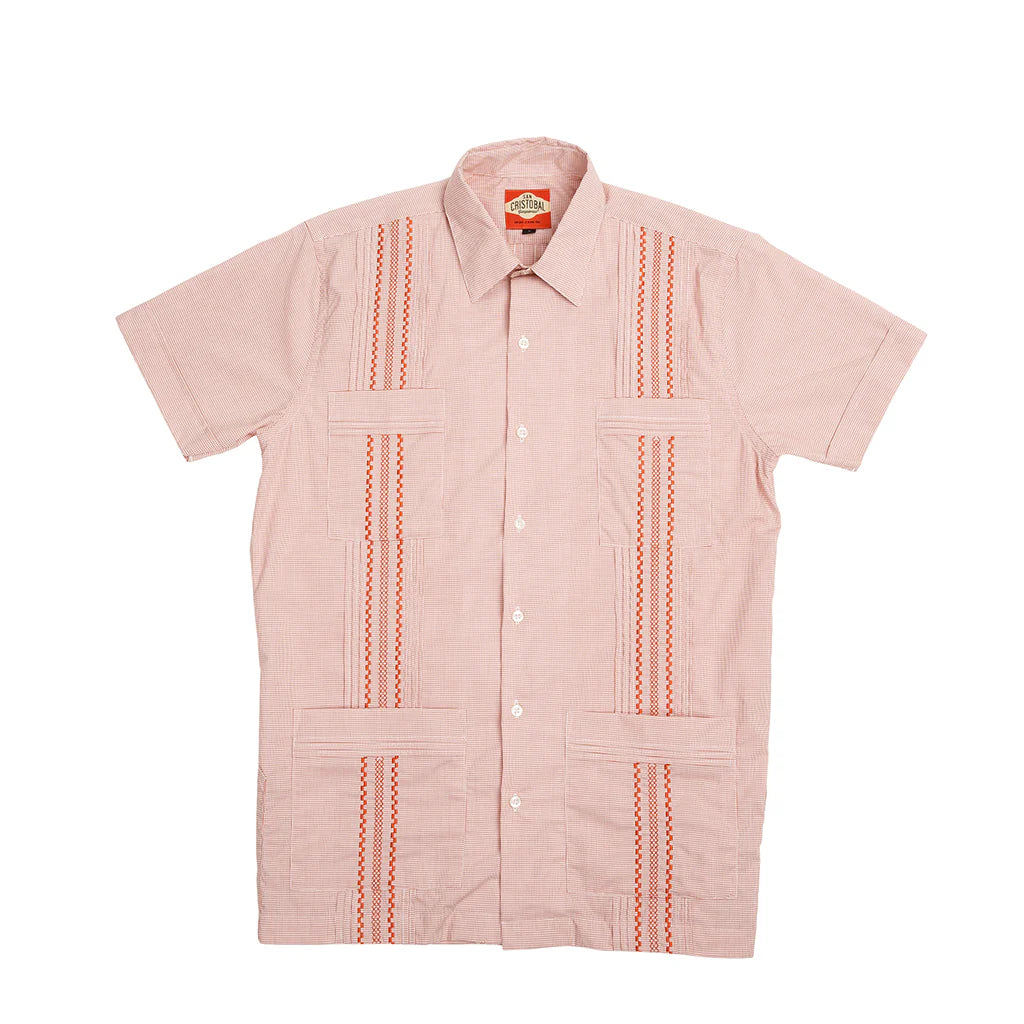 San Cristobal Orange Check Short Sleeve Guayabera Shirt for Men - Perfect for Summer, Beach, and Casual Wear