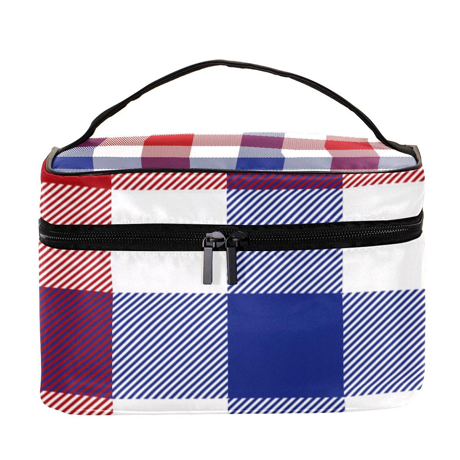 Blue Red White Plaid Travel Makeup Bag - Large Cosmetic Organizer with Zipper - Waterproof Toiletry Bag for Women & Girls - Perfect for Travel, Gym, and Daily Essentials Storage
