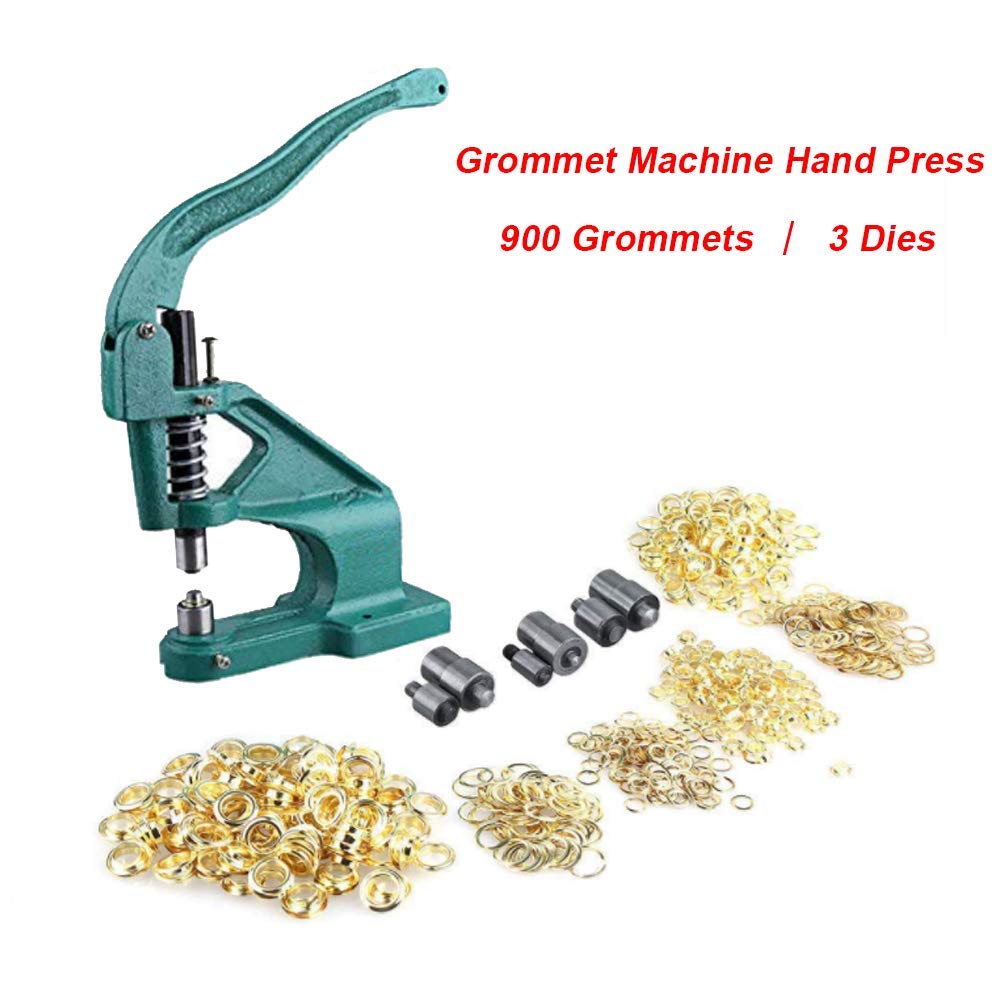 Heavy Duty Hand Press Grommet Machine Kit - Industrial Eyelet Punch Tool with 3 Dies & 900 Grommets for Leather, Canvas, Tarps & Fabric - Table Mount Rivet Press for DIY, Upholstery & Craft Projects