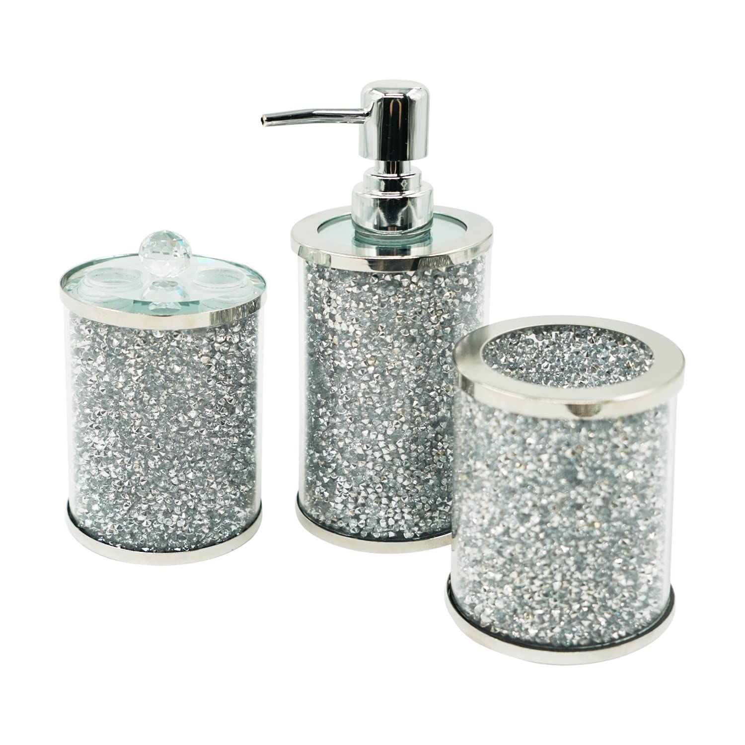 3Pcs Crystal Glass Bathroom Accessories Set - Lotion Dispenser, Toothbrush Holder & Tumbler Cup with Crushed Diamonds | Elegant Vanity Countertop Organizer for Modern Bathroom Decor (Silver) | Perfect for Spa-Like Luxury & Home Decoration