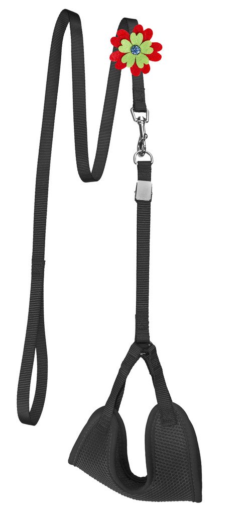 Dogline Mesh Step-in Nylon Harness and Leash Set with Flower Design - Comfortable & Adjustable for Small Dogs (Black, Size S) - Perfect for Walking, Training & Outdoor Adventures