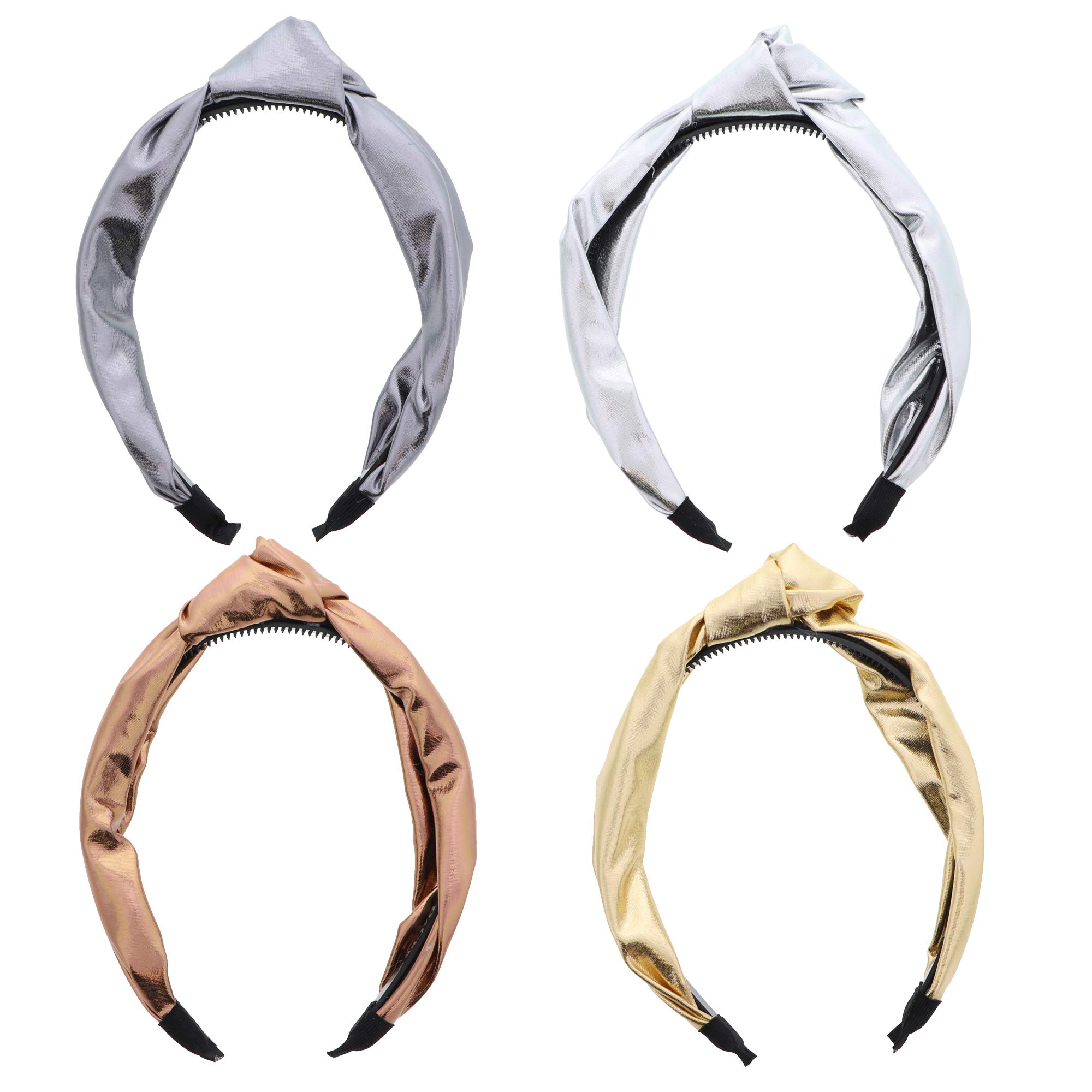 Motique Accessories 4 Pack Elegant Holiday Turban Knot Headbands - Metallic Faux Leather Hair Bands for Women, Christmas Party, Wedding & Special Occasions