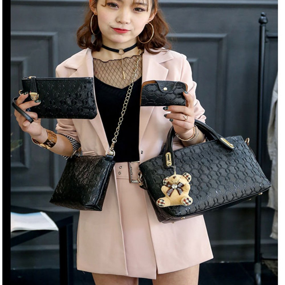 5-Piece Women's PU Leather Handbag Set - Large Tote, Purse, Shoulder Bag & Card Holder (Black) | Stylish Satchel Hobo Bags for Work, Travel & Everyday Use