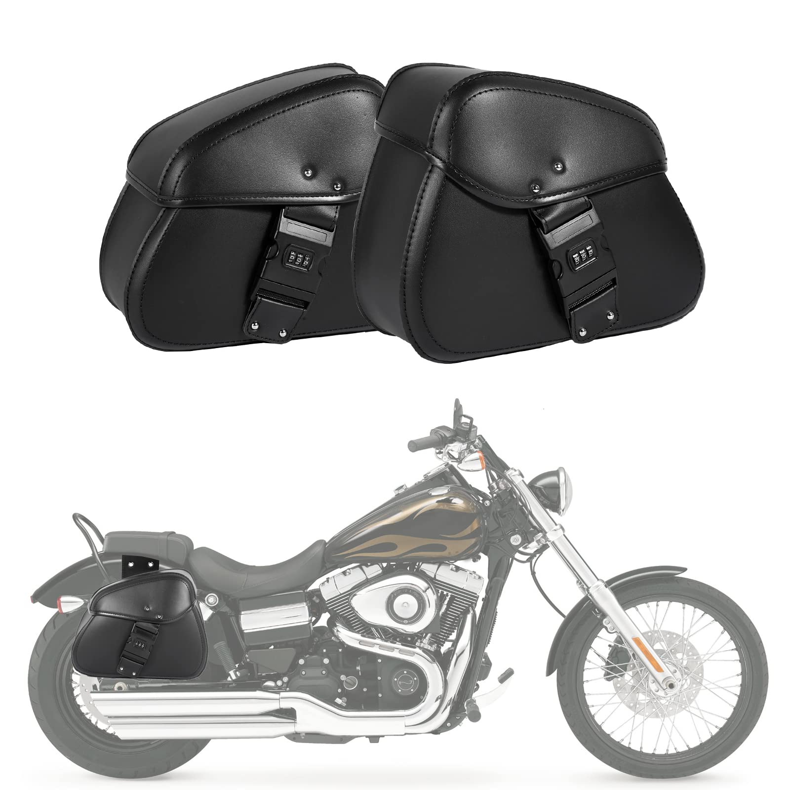 INNOGLOW Universal Motorcycle Saddlebags - Waterproof PU Leather Throw Over Side Bags with Password Lock for Harley, Cruiser, Bobber, Chopper, Suzuki & Kawasaki - Perfect for Long Rides, Commuting and Road Trips
