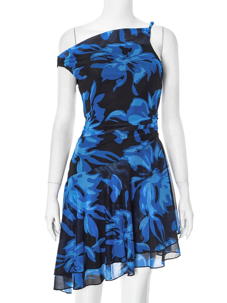 Sexy Blue Print Ruffled Mini Dress for Women - Sleeveless Backless Club Party Dress with Irregular Oblique Shoulder Design | Perfect for Beach Outings, Nightclubs & Summer Parties