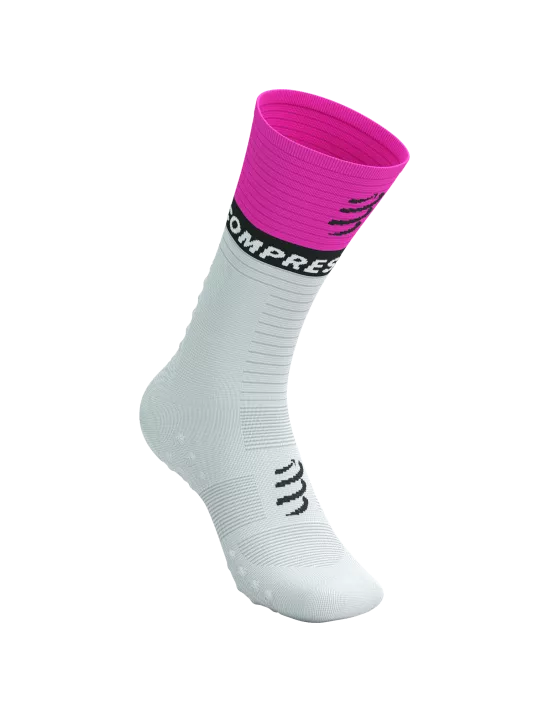 Compressport Unisex Mid Compression Socks V2.0 - White, Yellow & Neon Pink for Running, Cycling & Recovery - Athletic Performance Socks for Men & Women