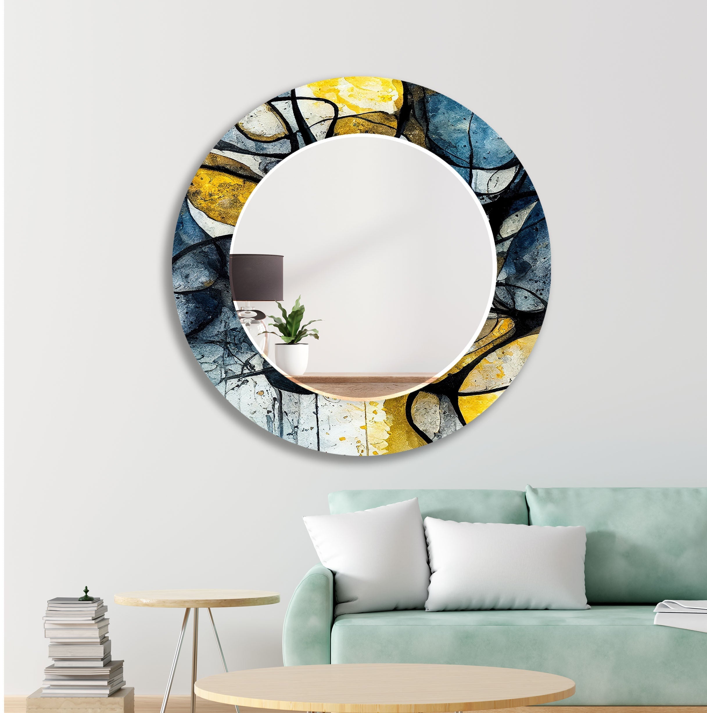Abstract Wall Mirror in Blue and Yellow Ink - Modern Home Decor for Living Room, Bedroom, or Office
