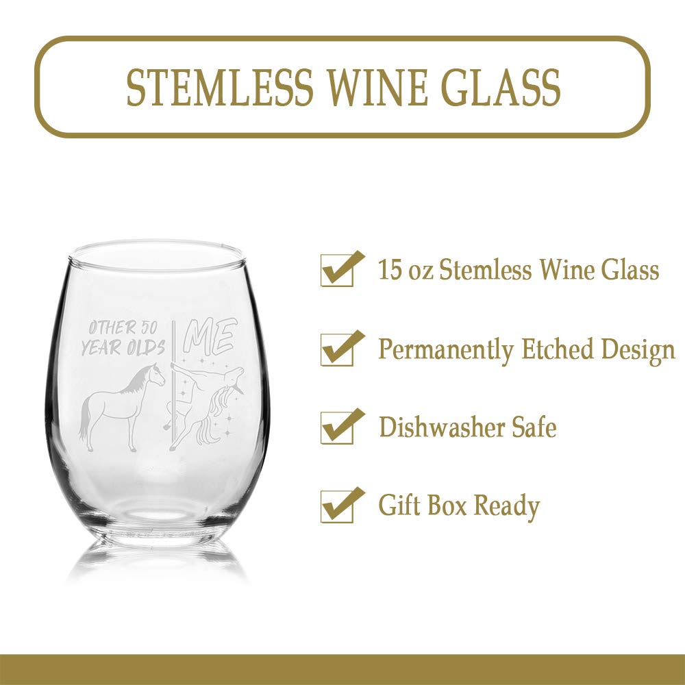 Veracco Unicorn Stemless Wine Glass - 50th Birthday Gift for Men & Women, Fifty and Fabulous (Clear Glass) - Perfect for Birthday Parties, Anniversaries & Unique Home Decor