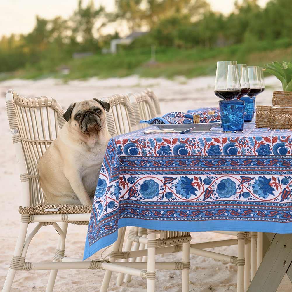 Bohemian Floral Tablecloth - Blue & Paprika Print Waterproof Washable Cotton Fabric for Outdoor Picnic, Dining, and Party Decor
