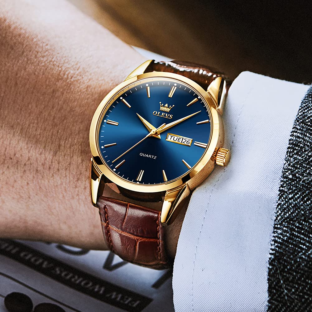 OLEVS Men's Brown Leather Watch with Luminous Hands, Rose Gold Case, Day Date Display - Waterproof Quartz Dress Watch for Business, Casual & Formal Occasions