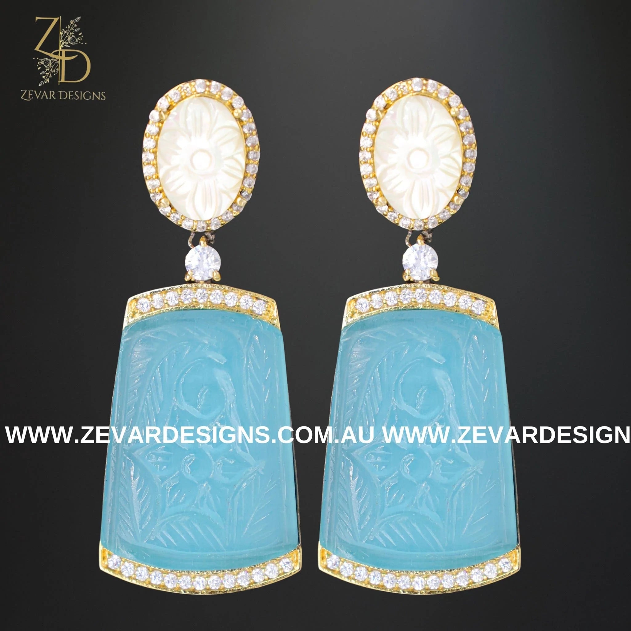 Exquisite Kundan AD Earrings with Hand-Carved Blue Stone - Elegant Indian Jewelry for Weddings, Parties & Special Occasions