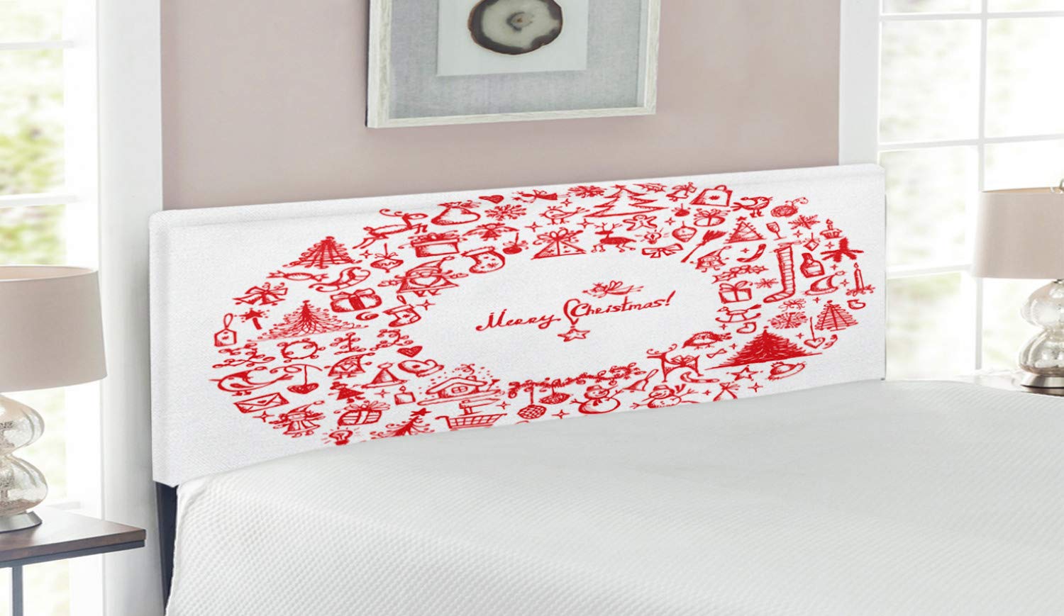 Ambesonne Christmas Headboard - Vintage Merry Xmas Wreath with Noel, Yule, Ribbons, Candles & Bells Design - Upholstered Decorative Metal Bed Headboard with Memory Foam - Queen Size Red - Perfect for Holiday Bedroom Decor & Festive Home Staging