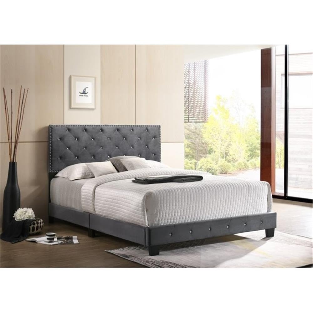Glory Furniture Suffolk Velvet Upholstered Full Bed Frame in Gray - Luxurious Bedroom Furniture for Modern Homes & Guest Rooms