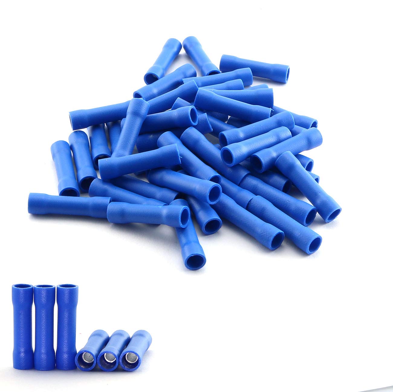 ZYAMY 100pcs Insulated Butt Splice Connectors - Quick Crimp Wire Terminals Kit (Blue) for Automotive, Marine & Home Electrical Wiring Repairs