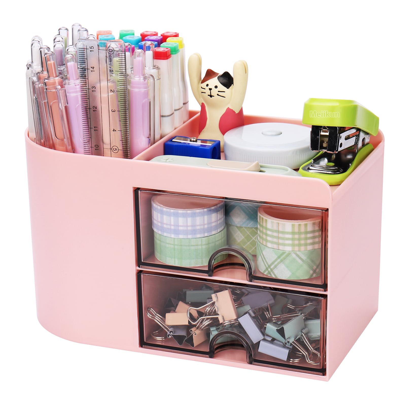 Pink Desk Organizer with 2 Drawers & 4 Compartments - Pen Holder, Pencil Organizer for Office & Home Storage - Perfect for School Supplies, Stationery & Workspace Organization