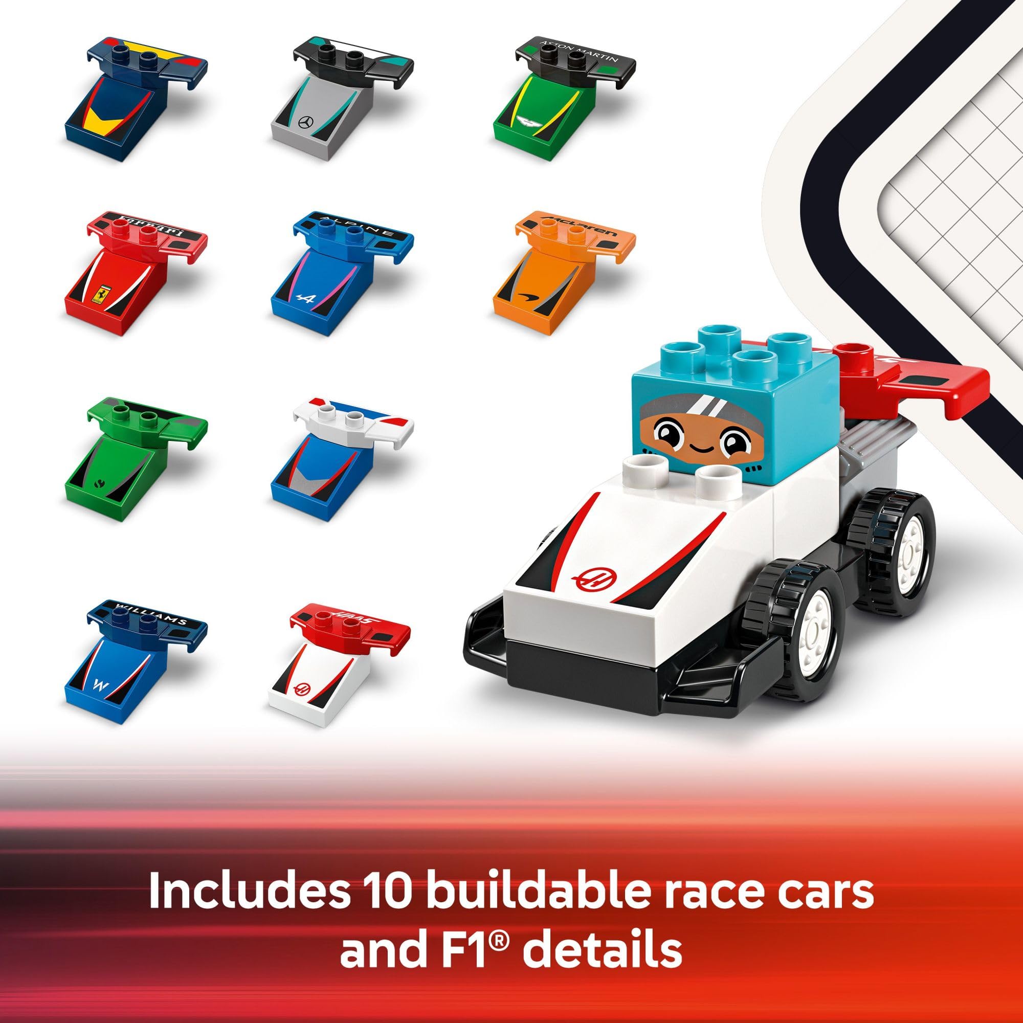 LEGO DUPLO Town F1 Team Race Cars & Drivers Building Toy Set for Toddlers - Educational STEM Toy for Boys & Girls Ages 2+ - Pretend Play Race Track Playset - Perfect Birthday Gift for Preschoolers & Kids - Fun Learning Activity for Home & Classroom Use