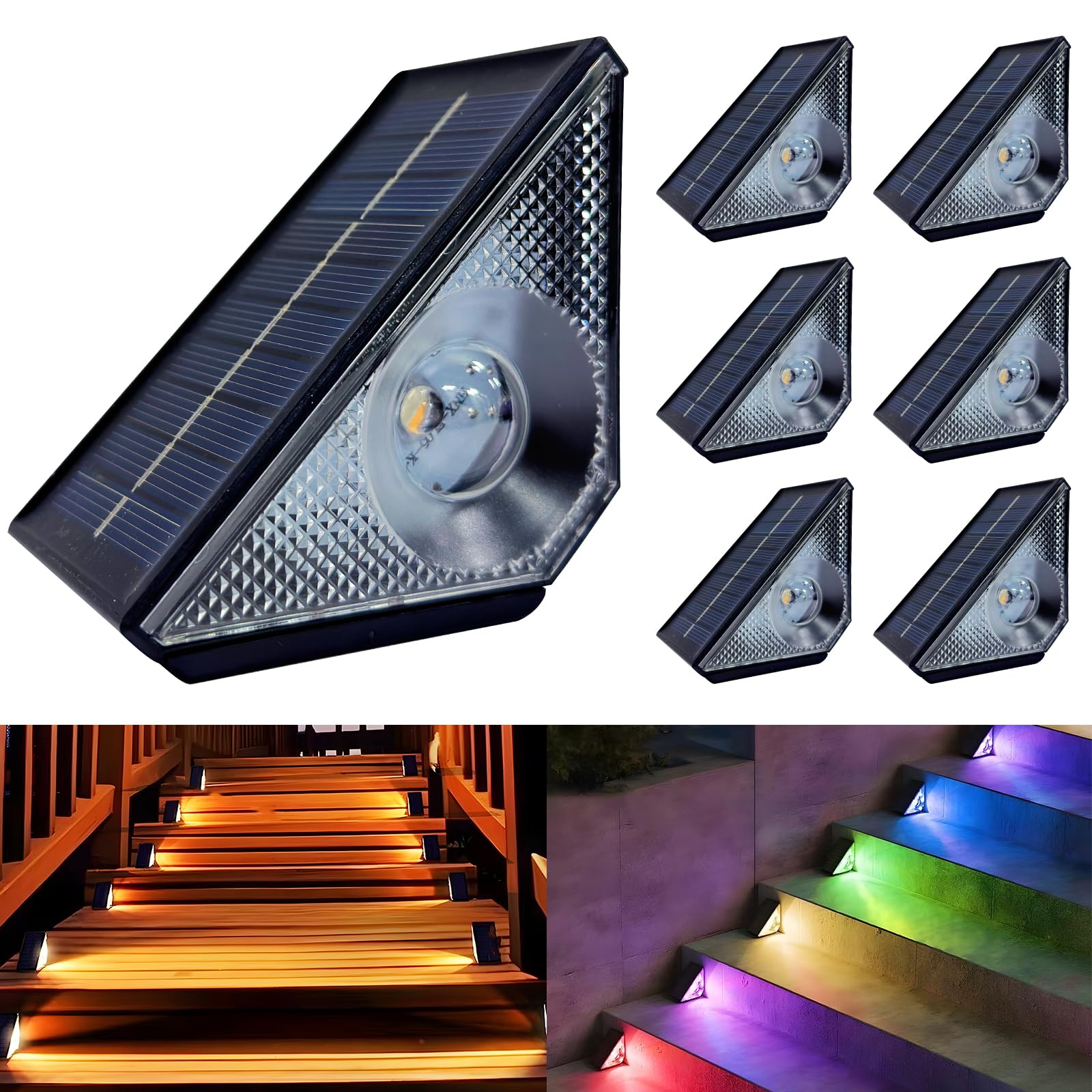 6 Pack Solar Step Lights Outdoor - Waterproof Solar Stair Lights with Warm White & 7 RGB Colors for Deck, Garden, Fence, Porch, Patio - Perfect for Nighttime Safety & Outdoor Decor