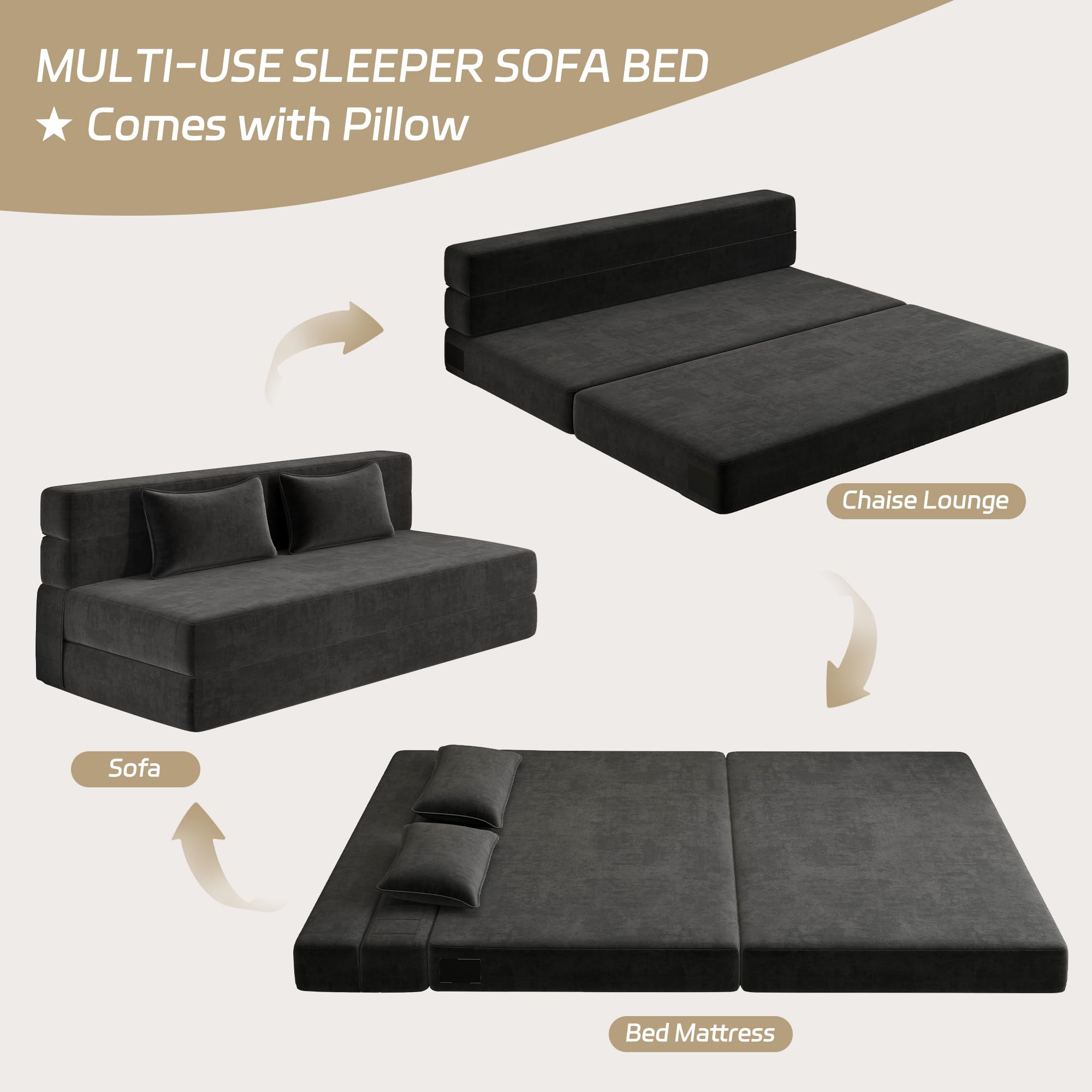 Luoxiao Queen Size Folding Sofa Bed Convertible Sleeper Chair with Pillows - Foldable Futon Floor Sofa for Living Room, Dorm, Guest Room - Washable Dark Grey Cover - Perfect for Small Spaces, Lounging & Overnight Guests