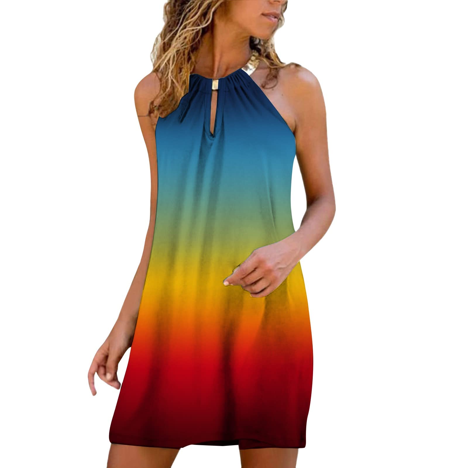 Women's Summer Casual Strapless Printed Dress - Elegant Metal Hanging Neck Sleeveless Sundress for Beach, Party & Vacation Outfits | Flowy Comfortable Fashion Dress for Women