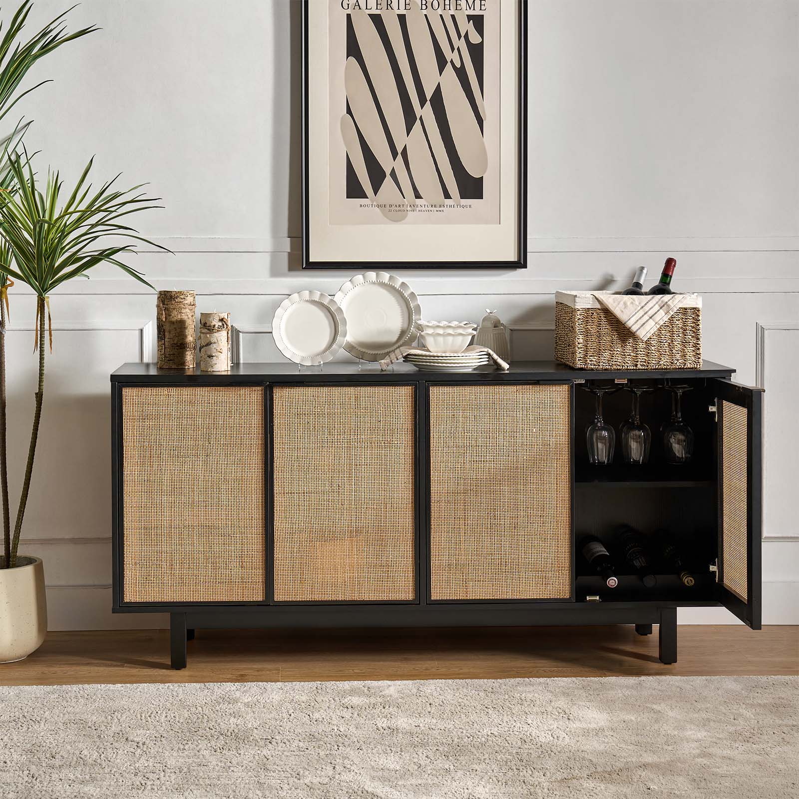 Otmar 63-Inch Wide Natural Rattan Mesh Sideboard with Storage - Multi-Purpose Buffet Cabinet for Dining Room, Living Room, or Entryway - Perfect for Home Decor and Organizing Dishes, Linens & More