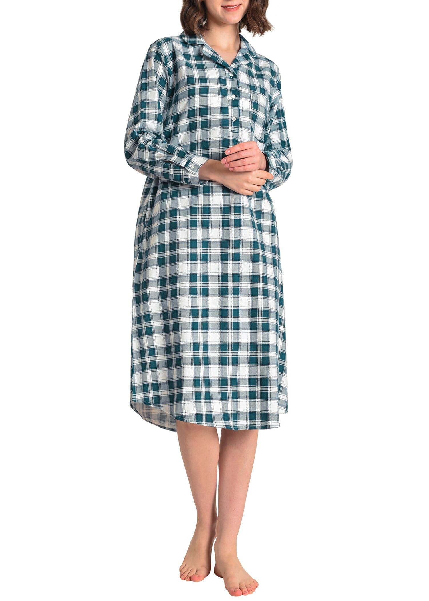 Soft Cotton Women's Flannel Nightgown - Long Sleeve Midi Length Sleepwear for Cozy Nights & Winter Comfort