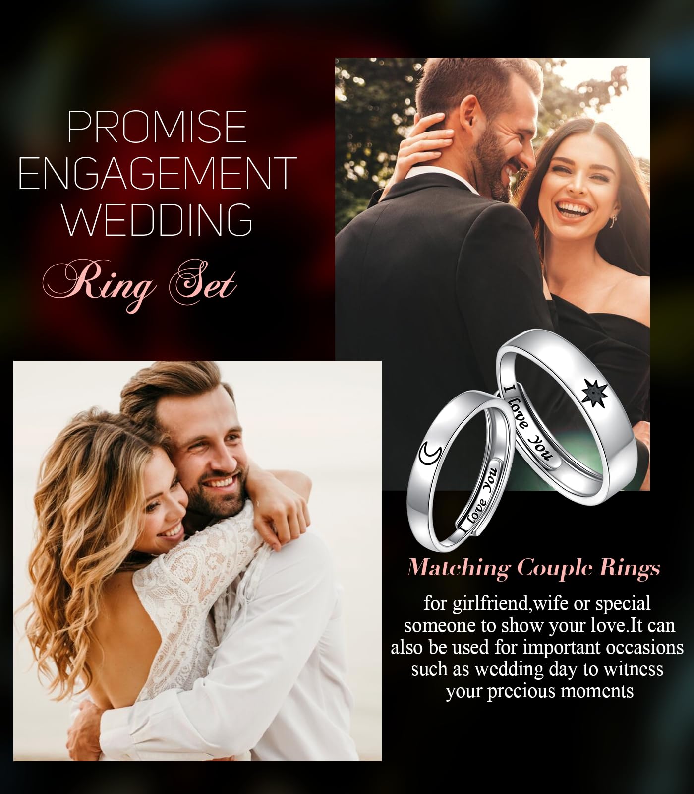 Ladytree 925 Sterling Silver Adjustable Couple Rings - Sun and Moon Promise Rings for Him & Her - Matching Engagement & Wedding Bands Set (2PCS) - Perfect for Anniversaries, Valentine's Day Gifts & Romantic Proposals