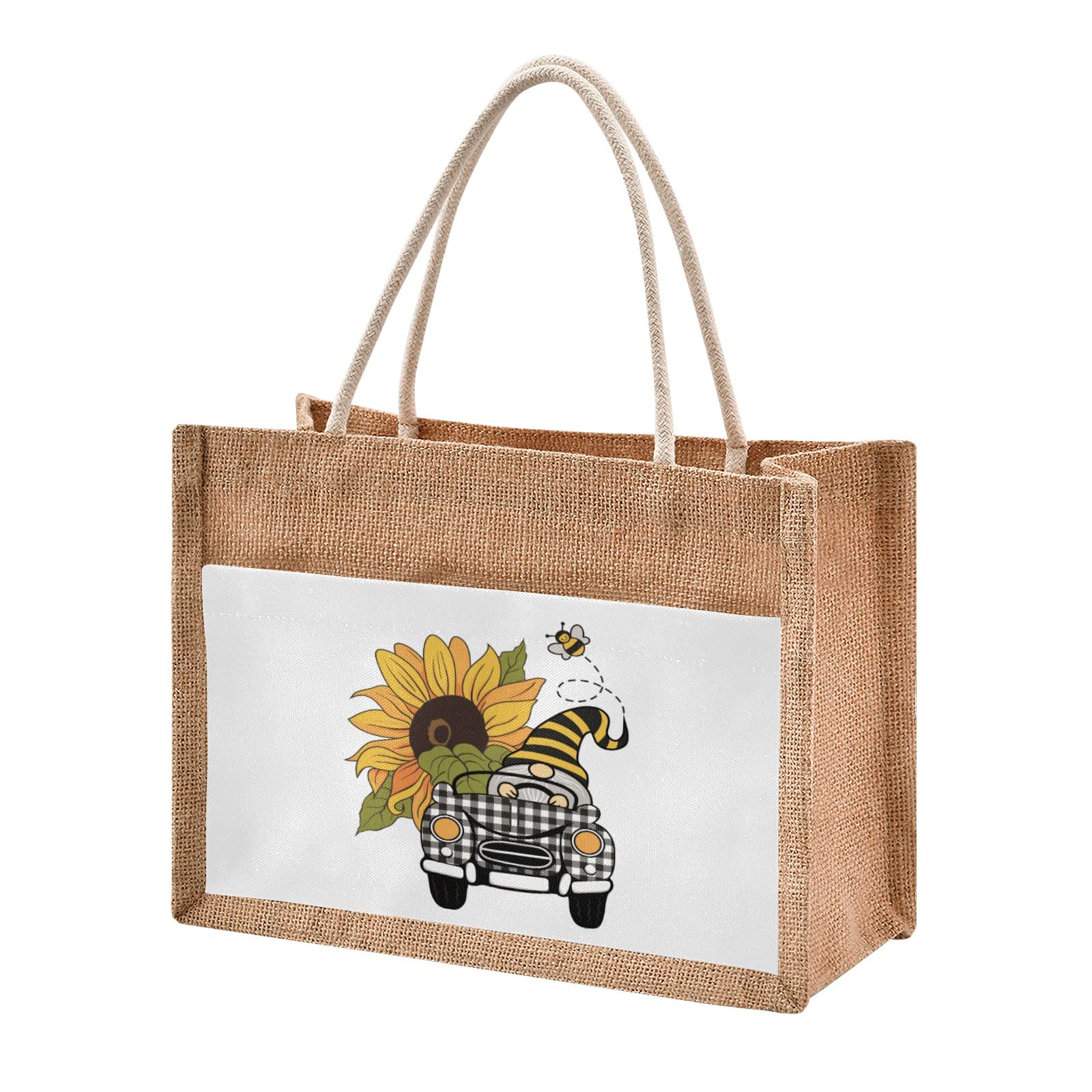 CaTaKu Sunflower Bee Gnomes Plaid Tote Bag - Reusable Jute Shopping Bag with Zipper & Front Canvas Pocket - Eco-Friendly Grocery Bag for Farmers Market, Beach & Wedding Gifts (12