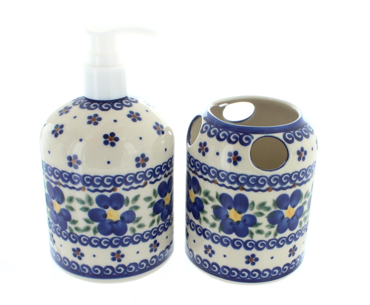 Blue Rose Polish Pottery Soap Dispenser & Toothbrush Holder - Handmade Ceramic Bathroom Decor for Spring Blossom Theme - Perfect for Farmhouse, Vintage, or Boho Style Homes