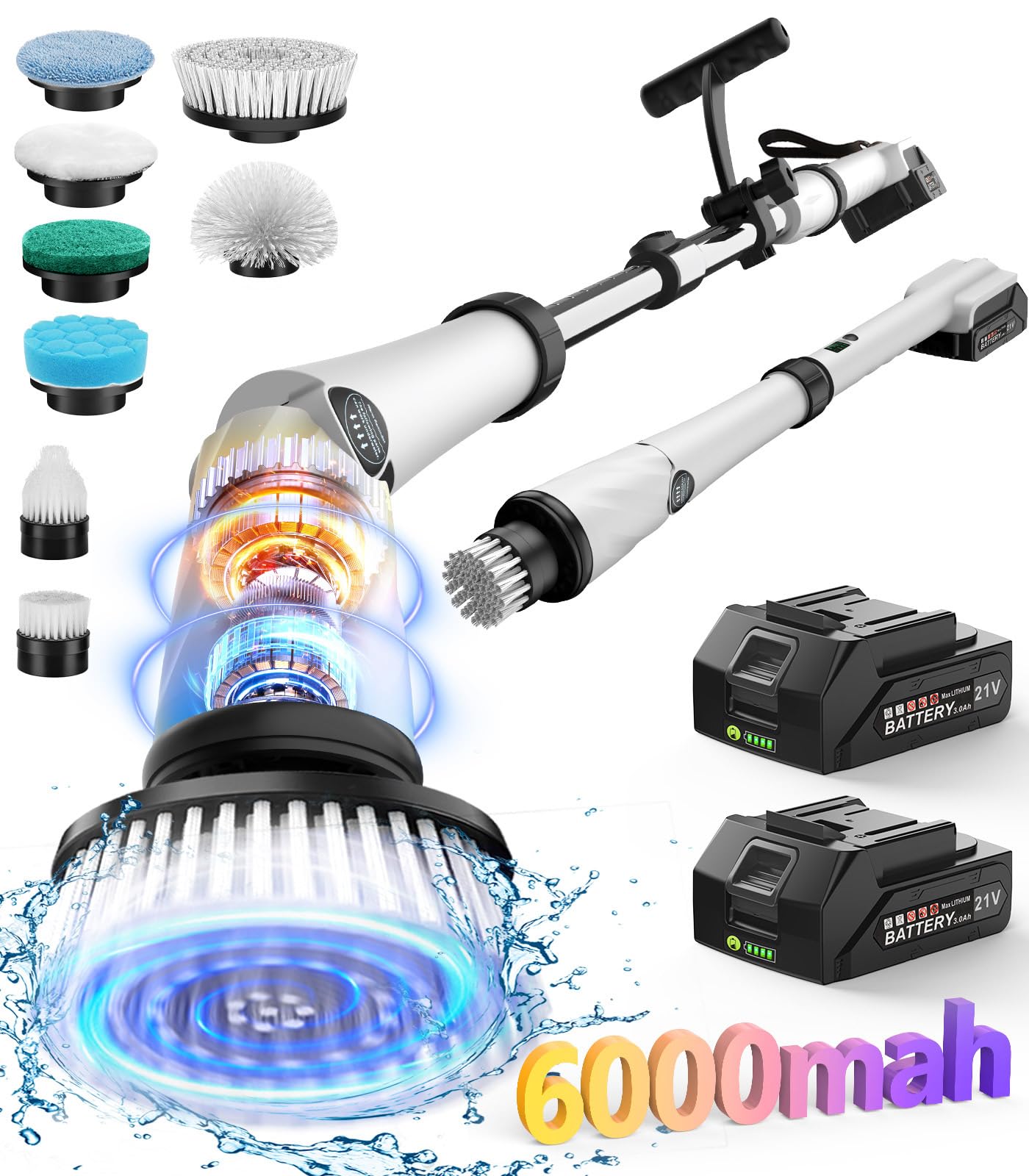 Zordin 6000mAh Cordless Electric Spin Scrubber with 5-Inch Large Brush - 1200RPM Power Shower Cleaner for Bathroom Tiles, Floor Grout, Kitchen & Shower - Includes 8 Replacement Brushes for Deep Cleaning