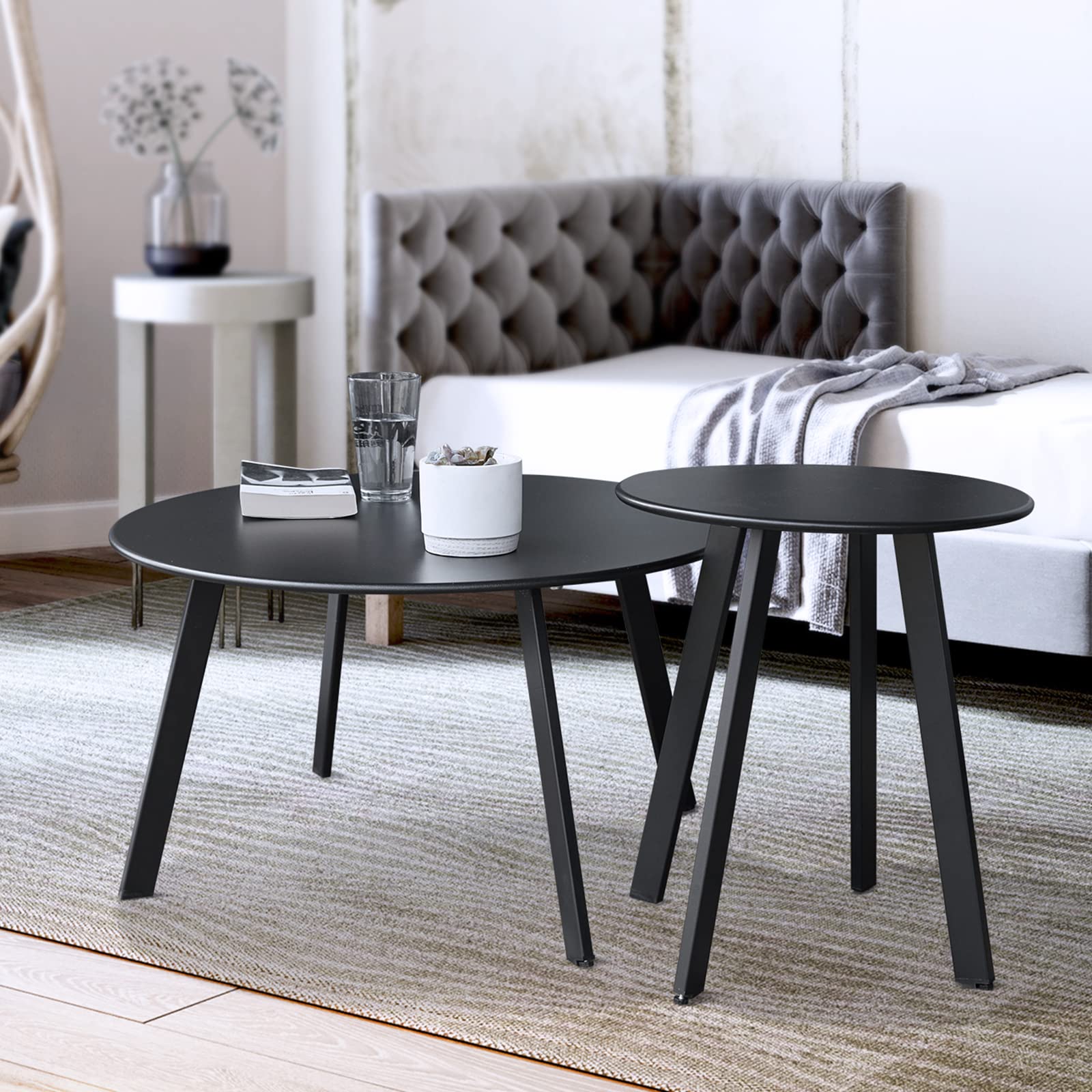 Weather-Resistant Outdoor Coffee Table Set of 2 - Modern Round Patio End Tables for Balcony, Living Room & Home Office - Durable Black Furniture for Garden, Poolside & Backyard Relaxation