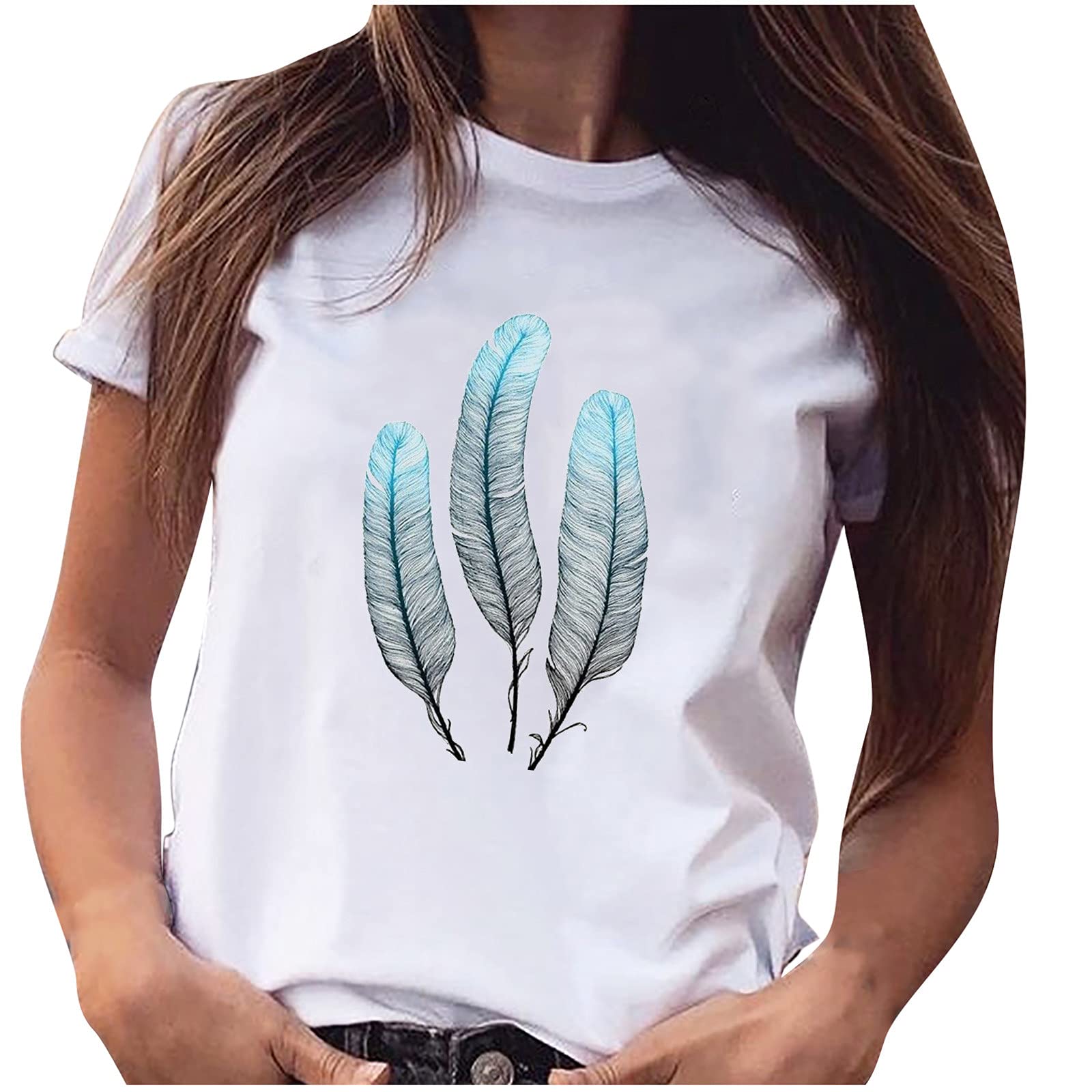 Women's Oversized Feather Print Crew Neck Tee Shirt - Casual Summer Tank Tops for Women | Sexy & Comfortable Daily Wear, Beach Outfits, Street Style Fashion