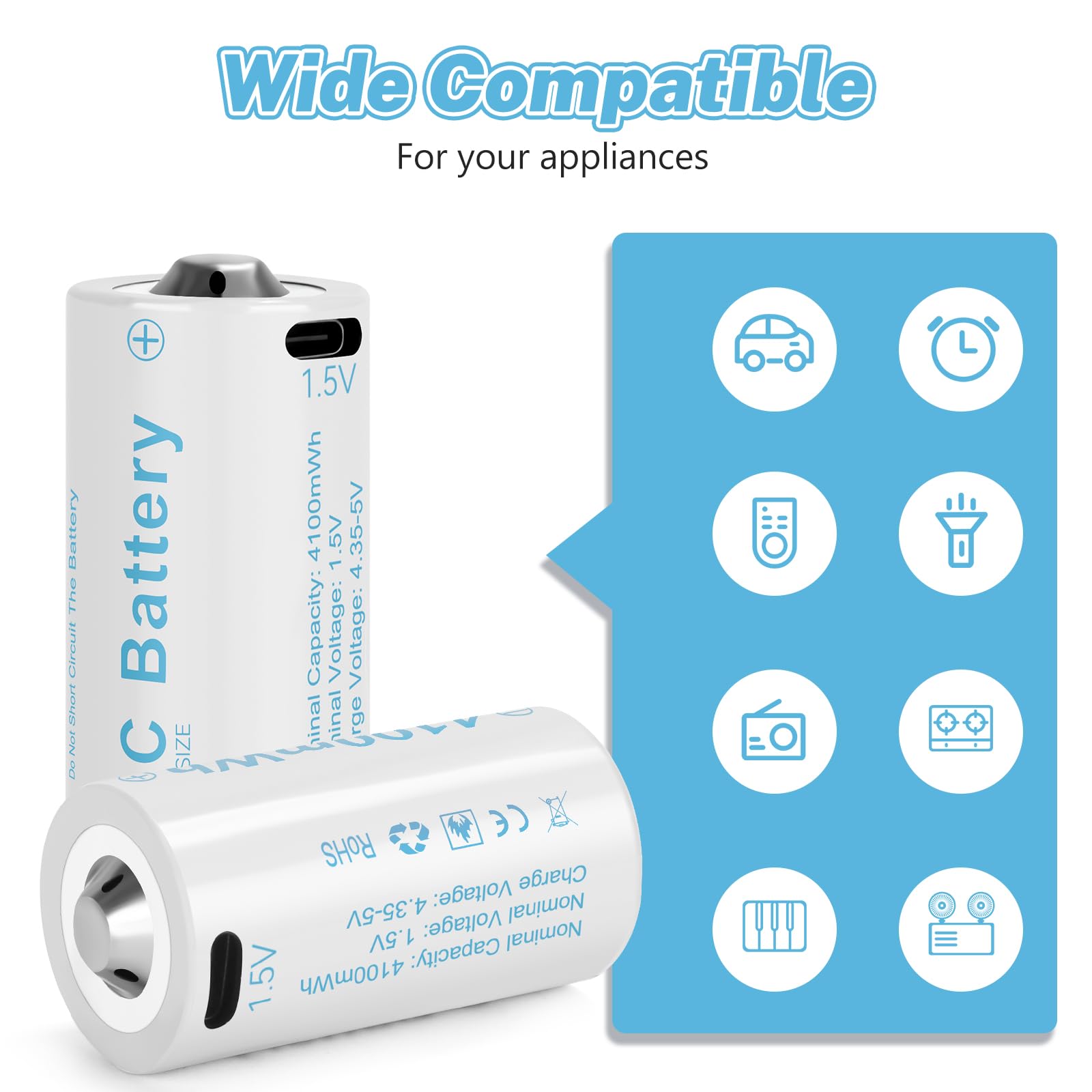 Rechargeable C Batteries 4 Pack - 4100mWh 1.5V Lithium LR14 Batteries with USB-C Charging | Long Lasting Power for Toys, Flashlights, Flood Lights & Emergency Devices