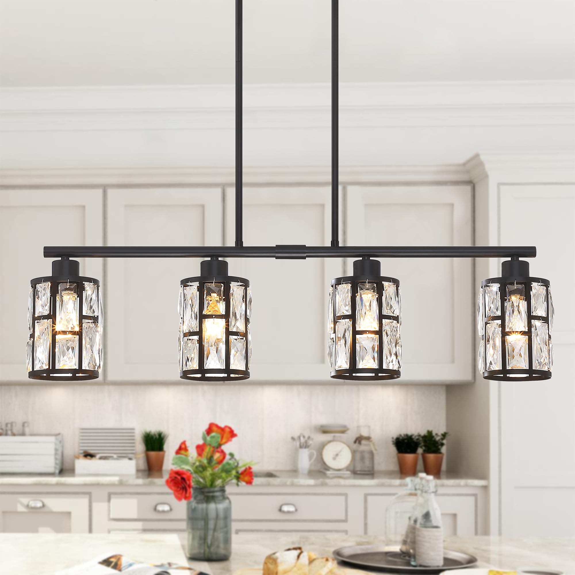 Farmhouse Matte Black Crystal Pendant Light Fixture - Modern Chandelier for Kitchen Island, Dining Room & Ceiling Lighting Over Table | Perfect for Rustic, Industrial & Contemporary Home Decor