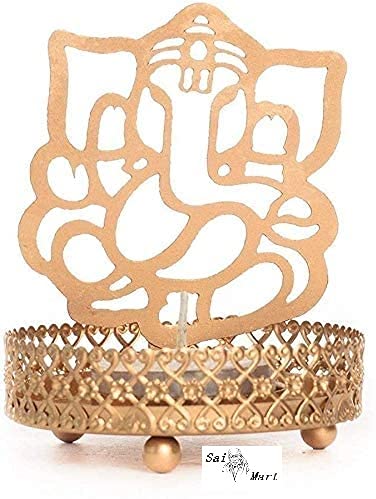 Traditional Ganesh Tea Light Candle Holder - Golden Hindu Religious Statue for Home & Office Decor, Diwali Puja Gift with Free Tealight - Perfect for Meditation, Yoga Spaces & Festival Celebrations