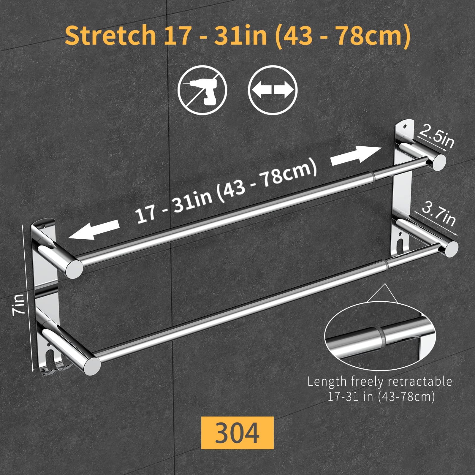 Stretchable 24-30 Inches Stainless Steel Towel Bar - Rustproof SUS304 No Drill Self-Adhesive Wall Mount for Bathroom & Kitchen - Perfect for Hand Towels, Dish Cloths & More (2 Bars) - Ideal for Small Spaces, Apartments & RVs