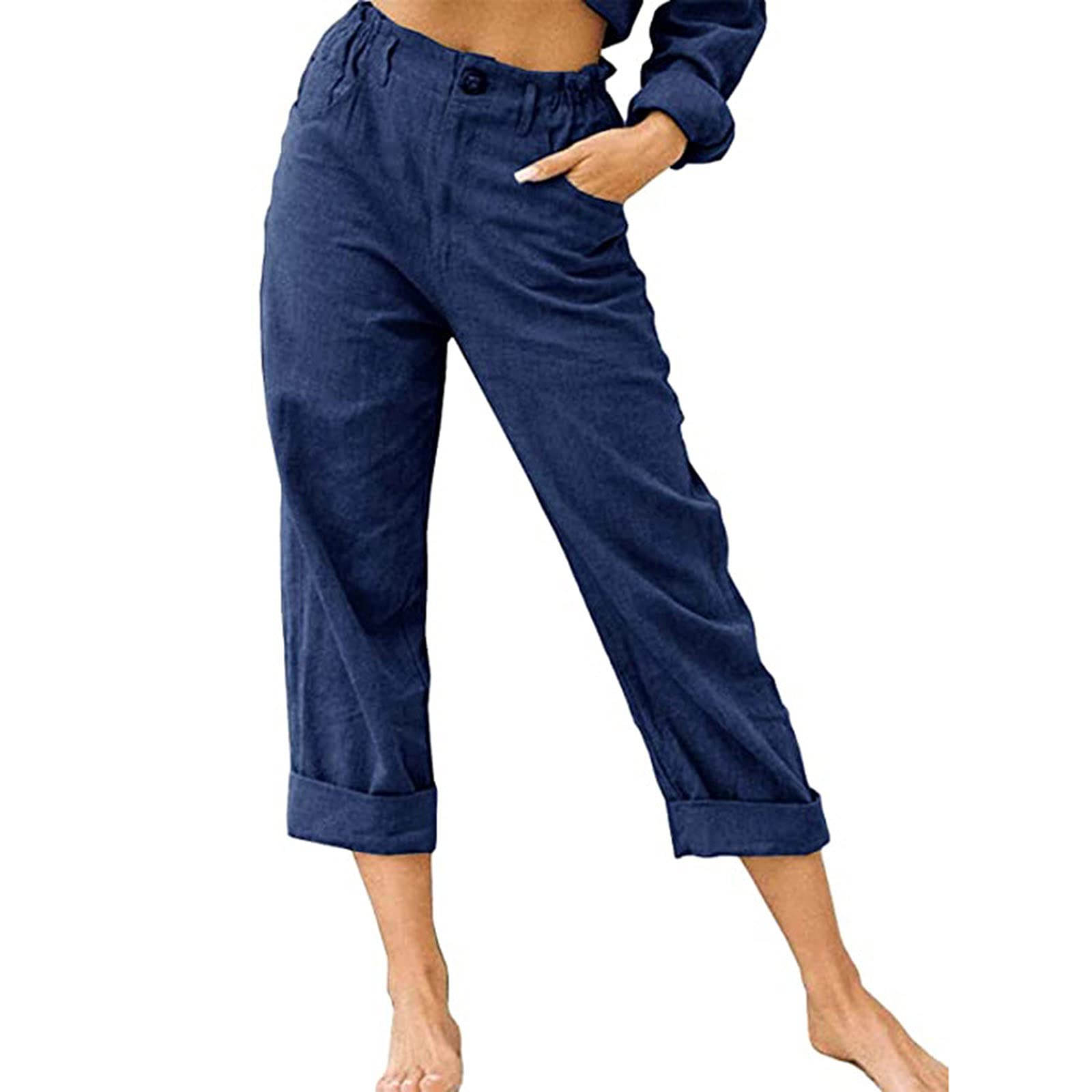 Women's Plus Size Linen Capri Pants - High Waist Straight Leg Lounge Pants for Spring & Summer | Vintage Style Loose Cotton Linen Trousers | Perfect for Casual Wear, Vacations & Home Relaxation