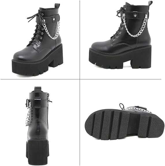 Gothic Women's Platform Motorcycle Boots - Mid Calf Black Patent Leather Goth Boots for Biker Fashion & Alternative Style | Perfect for Concerts, Nightclubs, and Motorcycle Riding