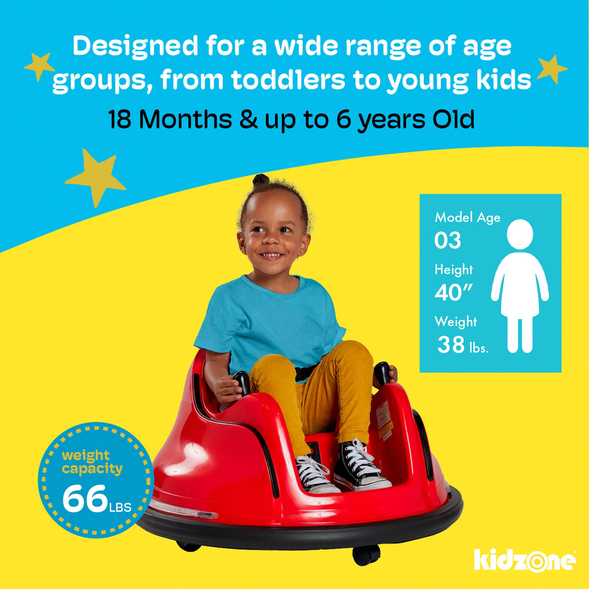 Kidzone 6V Electric Ride On Bumper Car for Kids & Toddlers Ages 1.5-6 Years - Remote Control, LED Lights, 360° Spinning, DIY Stickers - ASTM Certified Safe Bumper Toy Gift for Birthday & Indoor Play
