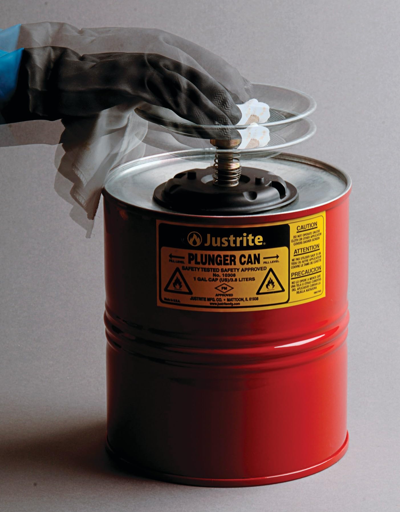Justrite 1 Gallon Steel Push-Down Solvent Dispenser Can - Red (10308) | Made in USA | Industrial Solvent Storage & Dispensing Solution for Mechanics, Workshops & Auto Repair Shops