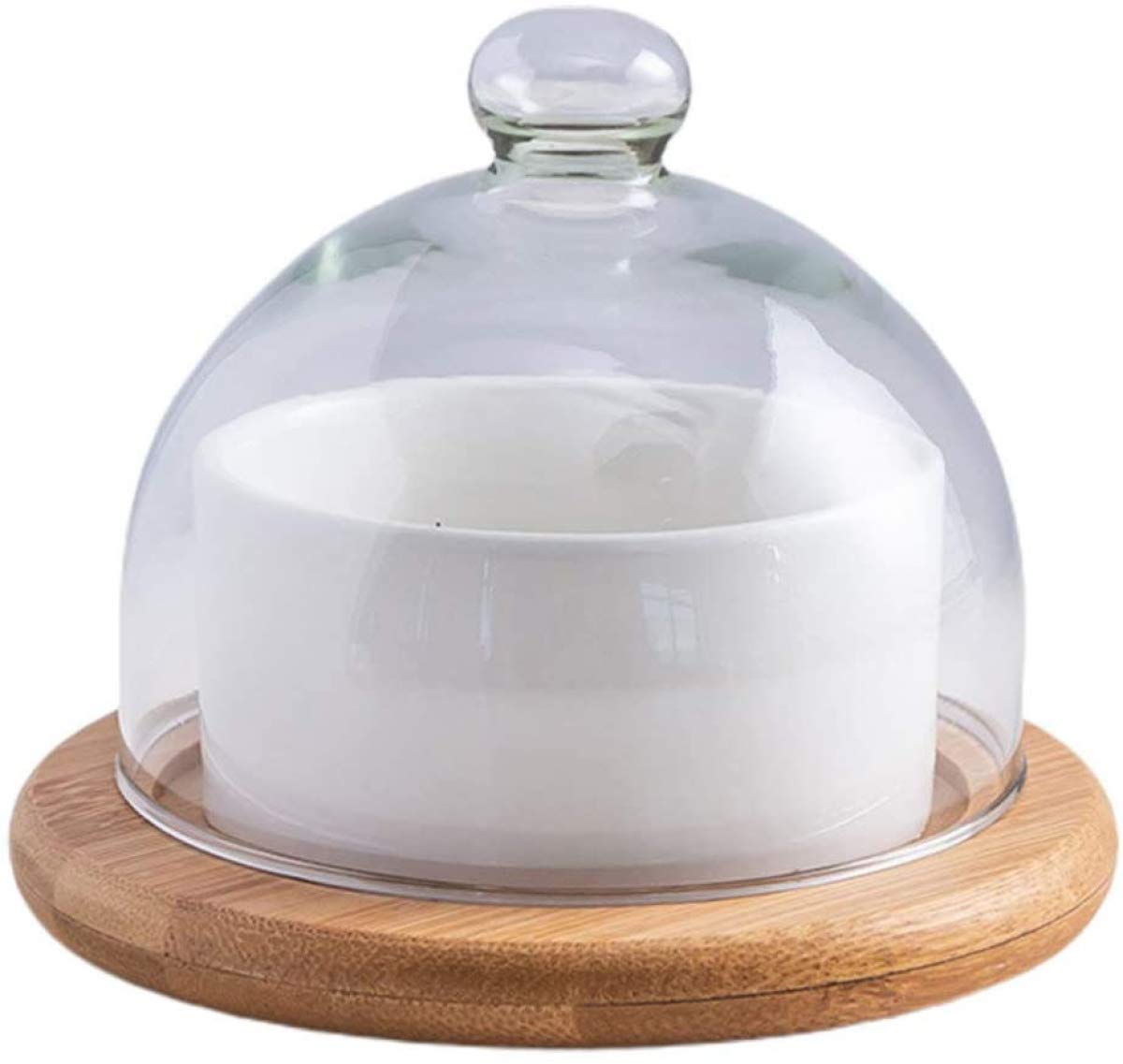 Ceramic Snack Serving Tray with Glass Dome Lid & Wooden Coaster - Elegant Dip Bowls for Nuts, Candies, Starters, Sauces - Perfect for Parties, Entertaining & Home Decor