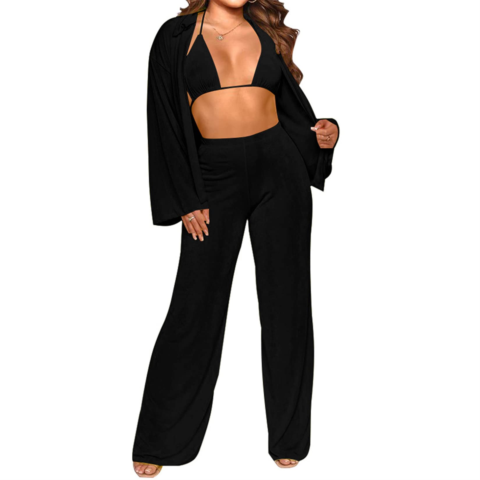 Women's Sexy 3-Piece Outfit Set - Long Sleeve Blouse, Halter Tie-Up Bra Top & Wide Leg Pants | Y2K Fashion Tracksuit for Casual Wear, Street Style & Night Out