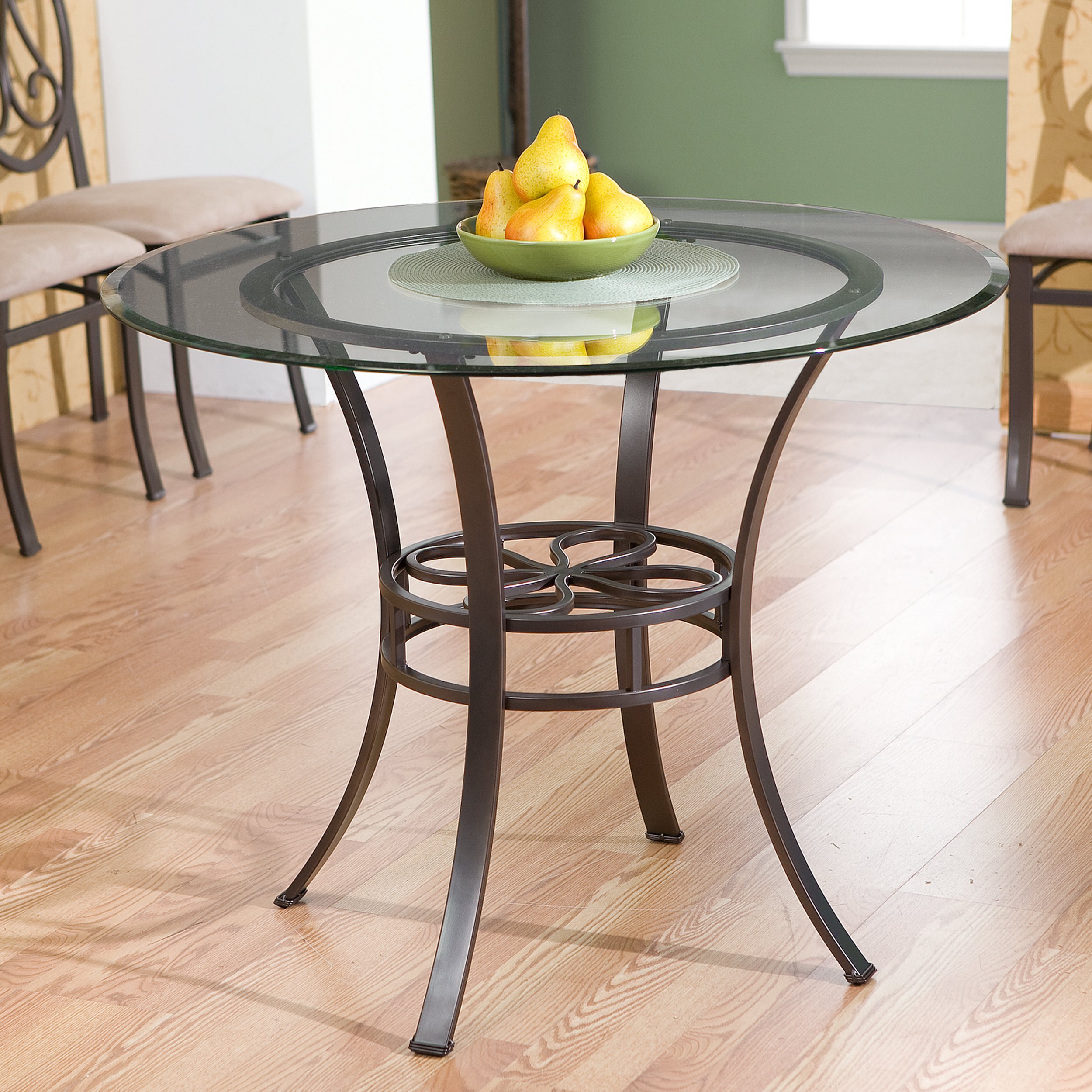 SEI Furniture Lucianna Round Glass Top Dining Table with Metal Frame - Dark Brown - Perfect for Kitchen, Dining Room, and Small Spaces