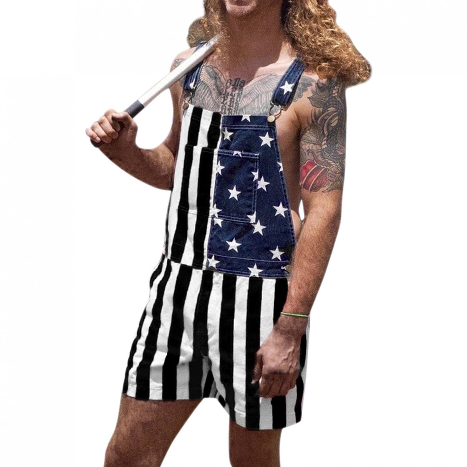 Men's American Flag Denim Coveralls - Adjustable Strap Jumpsuits with Bibs, Casual Short Rompers for Work & Outdoor Activities | Perfect for 4th of July, BBQ Parties and Patriotic Events
