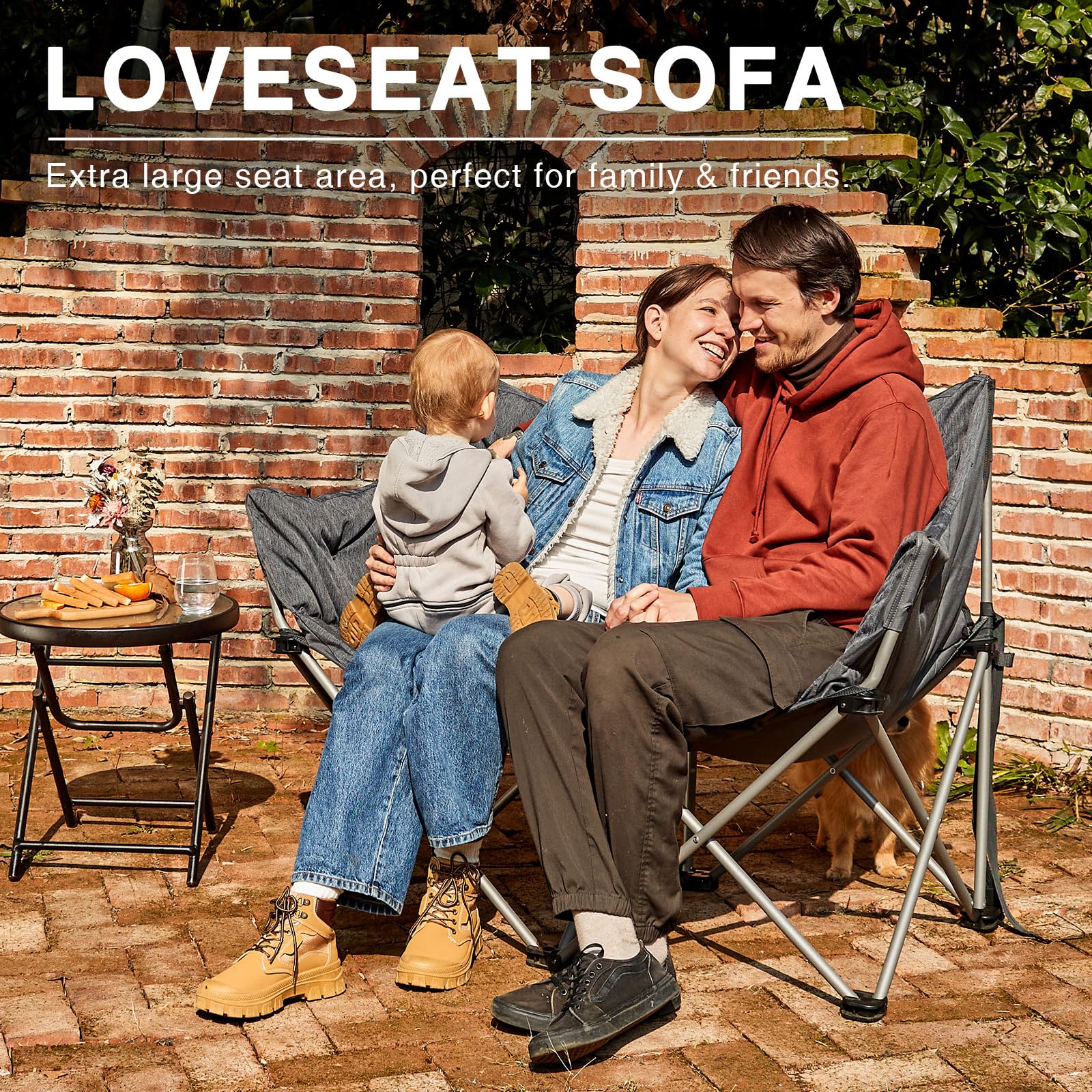EVER ADVANCED Heavy Duty Double Camping Chair for Adults - 600lbs Capacity Padded Folding Love Seat with Side Pocket & Cushion - Portable Outdoor Bench for Couples, Picnics, Beach, Camping & Backyard Relaxation