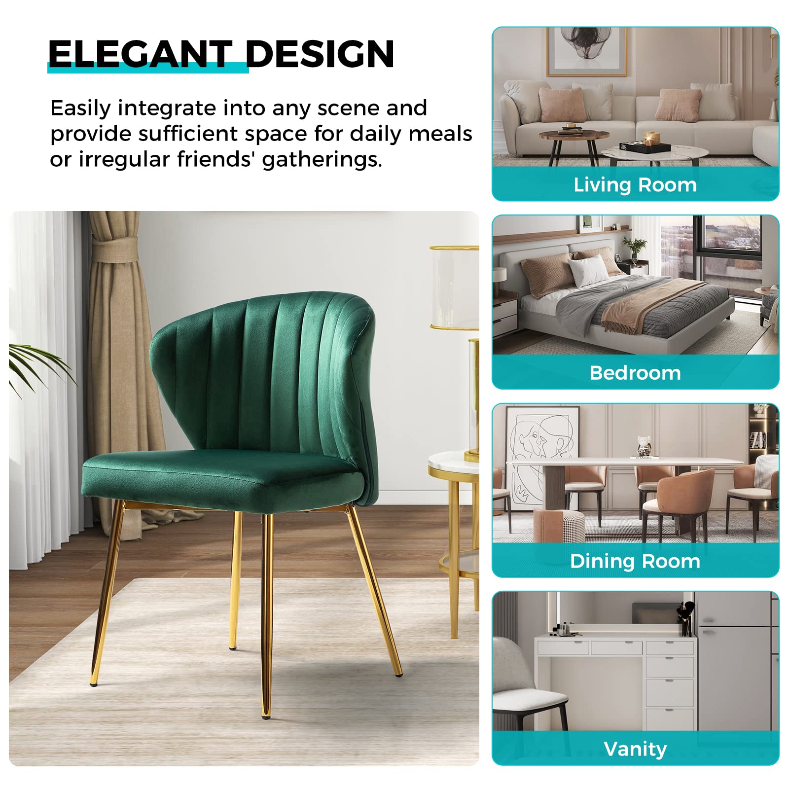 Modern Velvet Dining Room Chairs with Golden Metal Legs - Upholstered Tufted Accent Chair for Kitchen, Vanity, Patio & Beauty Room (Green, 1-Pack) - Perfect for Small Spaces, Home Decor & Stylish Seating