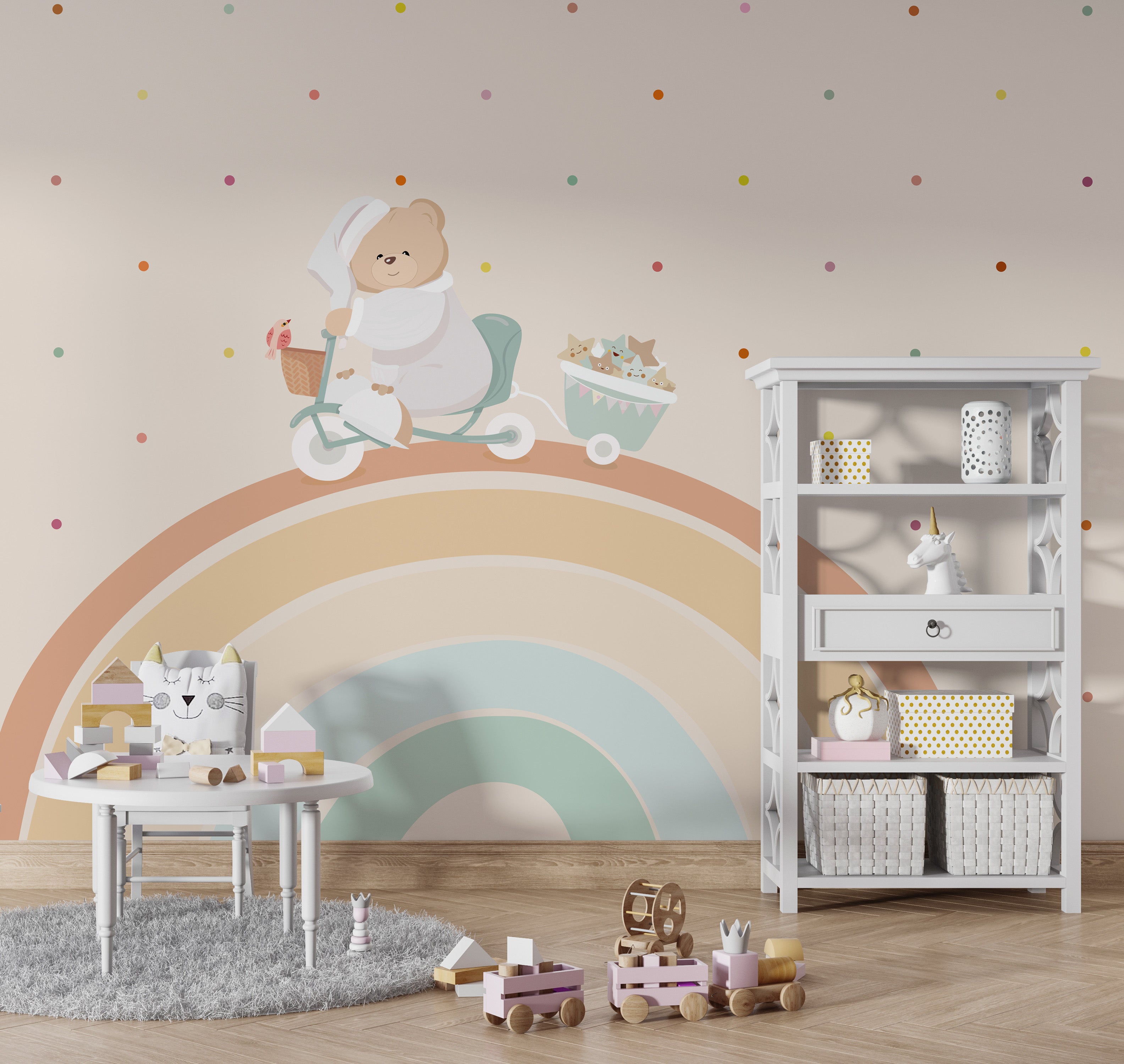 Teddy Bear on Bike Nursery Wallpaper Mural - Adorable Baby Room Decor for Boys & Girls - Perfect for Nursery, Playroom, and Kids' Bedroom Walls