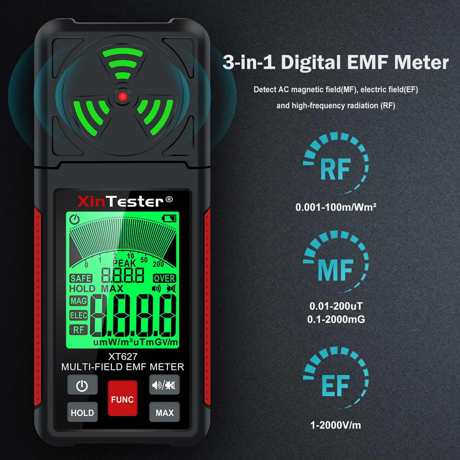 Xin Tester EMF Detector Meter - 3-in-1 Digital Electromagnetic Radiation & Magnetic Field Reader for Home & Outdoor Use | Detect Microwave, Radioactive, Ghost Hunting, Cell Phone Towers & WiFi Signals | EMF Protection & Safety Testing Device