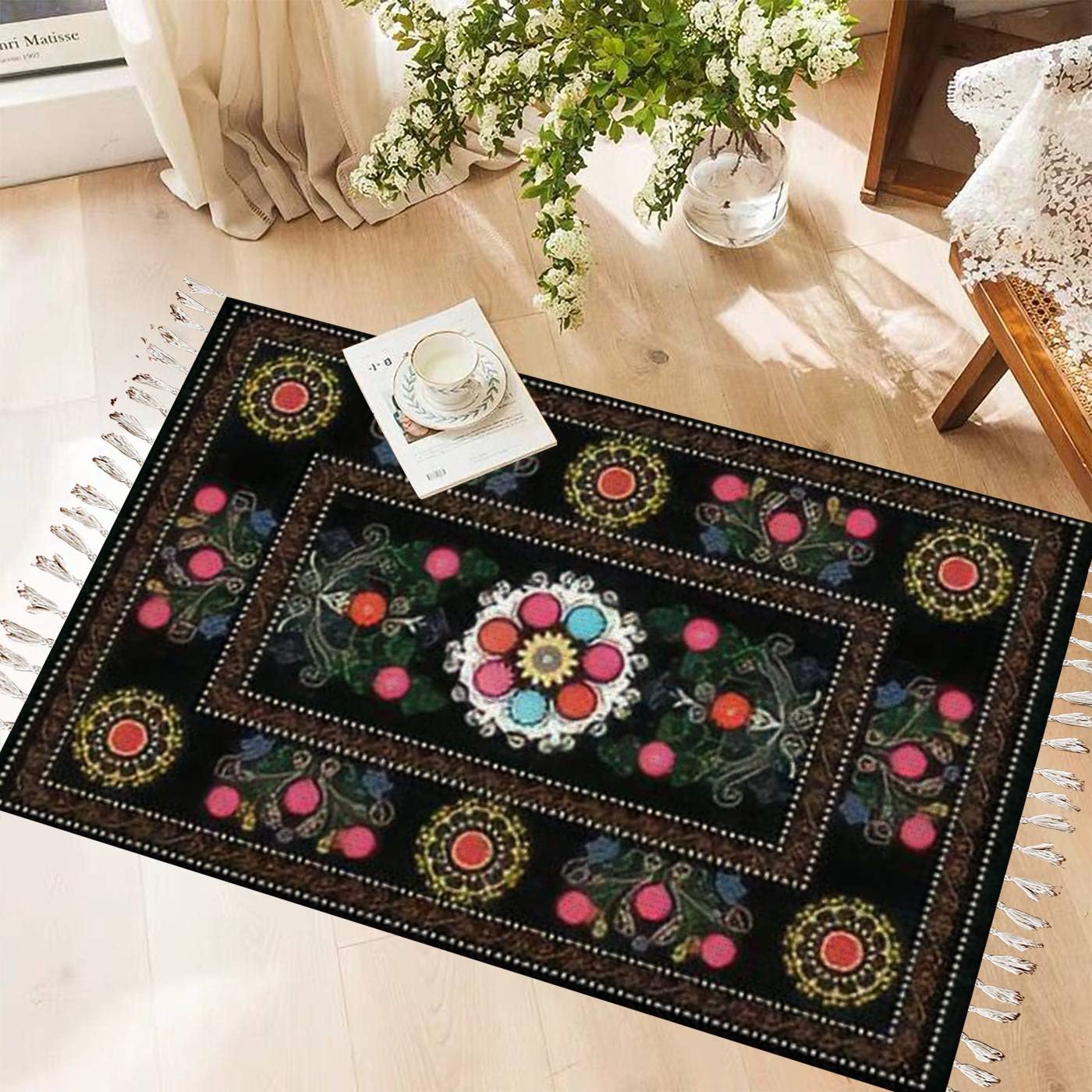 Boho Area Rug - Handmade Oriental Suzani Linen Cotton Meditation Carpet | Washable Runner Mat for Hallway, Bedroom, Bathroom & Nursery | Perfect for Yoga, Meditation & Boho Home Decor