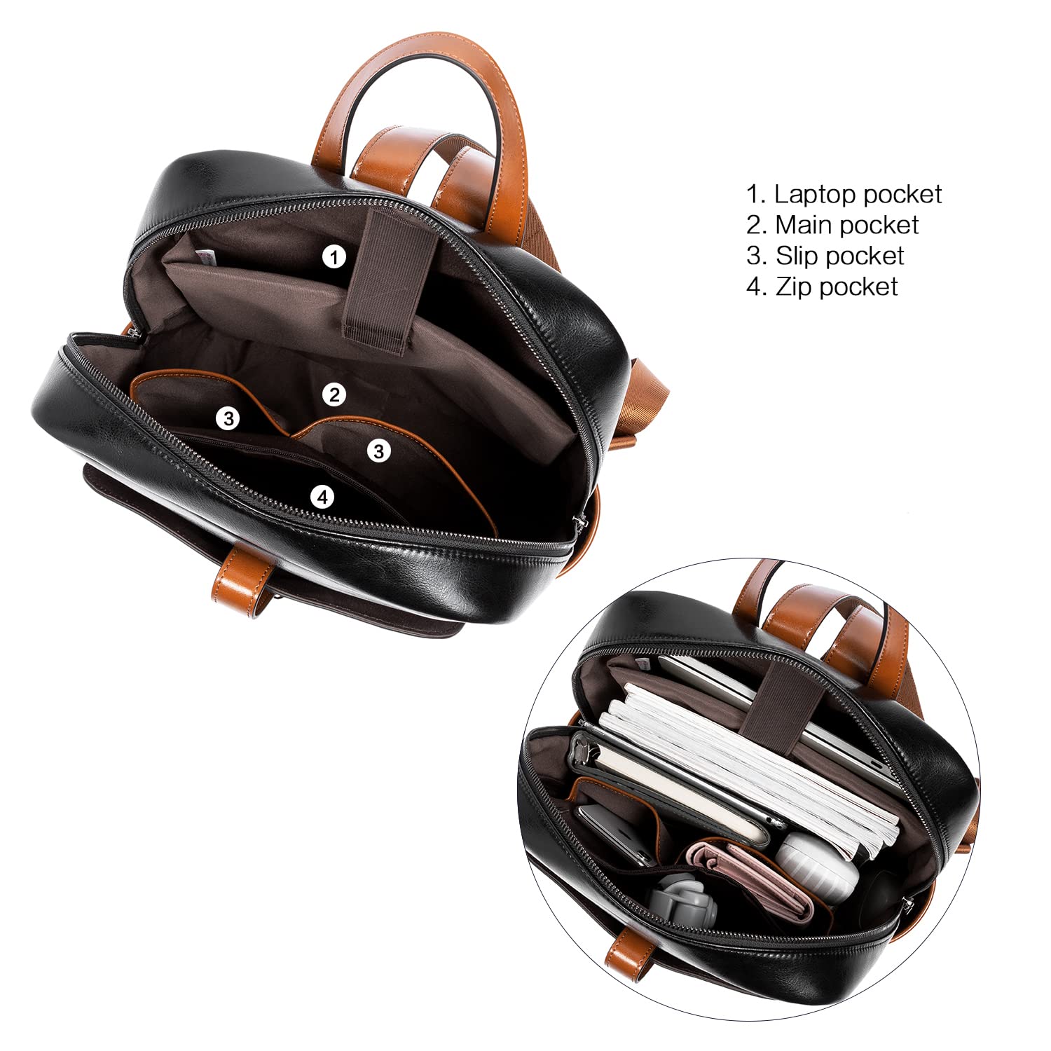 BOSTANTEN Genuine Leather Laptop Backpack for Women - 15.6 Inch Stylish Computer Bag, College Backpack, Work & Travel Purse (Black-Brown) - Perfect for Business Trips, Commuting & School Use